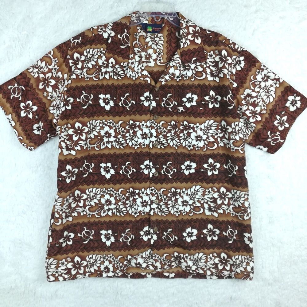 Vintage‎ Round Bay Mens Shirt Hawaiian Button Up Hibiscus Turtle Brown XL